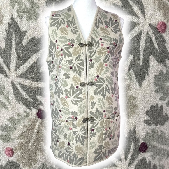 100% Wool Embroidered Vest S Woolrich Maple Leaves Boiled V-Neck Metal Clasp - Picture 1 of 15